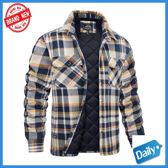 Men's Quilted Flannel Shirt Jacket Heavyweight Winter Coat Long Sleeve
